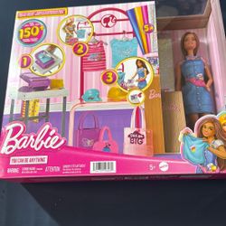 Barbie Make & Sell Boutique Playset with Brunette Doll, Foil Design Tools, Clothes & Accessories