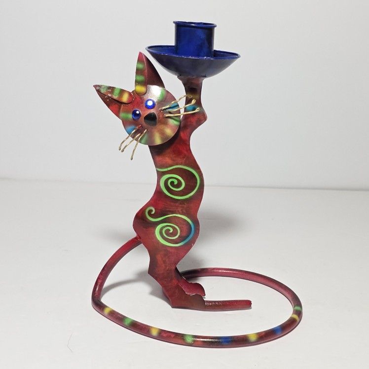Cat Metal Candle Holder Folk Art