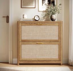 Boho Shoe Storage Cabinet, Slim, Rattan-Look Flip Drawers Entry Shoe Cabinet, Narrow for Entrance, Rounded Corners, Natural Brown and Pale Gold, ELLAN