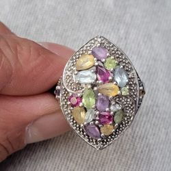Multi Gemstones Sterling Silver Ring Size 7.5