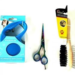 3pcs Retractable Dog Leash Double Brush Grooming Hair Shears Set