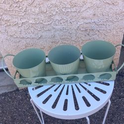 Green Metal Basket With 3 Pots Window Flower Garden Patio Balcony Indoor Outdoor 