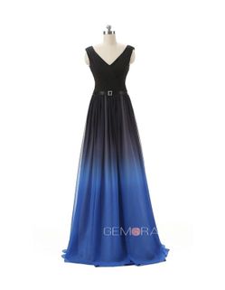 New Kivary® Black V Neck Sash Gradient Ombre Chiffon Long Graduation 🧑🎓 Formal Prom Evening Dress 💐 Size 8 ** $70