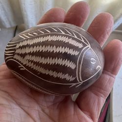 Vintage Stone Egg Hand Carved Fish Design 2 5/8”