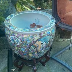 Large Chinese Floral Fish Bowl Pot With Stand