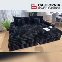 Contemporary Black Corduroy Double Chaise Couch / Living Room