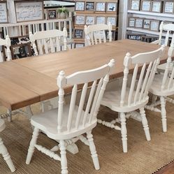 Beautiful Solid Wood Trestle Dining Table, 2 Leaves, 8 Chairs