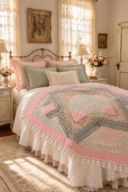 Cottagecore Pink Floral Alvarez Geometric Patchwork Twin Quilt Lace Trim Handcrafted Vintage Throw  Bed Bedding Couch Soda Accent Hand Stitched Granny