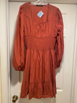 HESPERUS Burnt Orange Puffed Sleeve Smocked Waist Boho Cottagecore Dress Juniors XL New With Tag