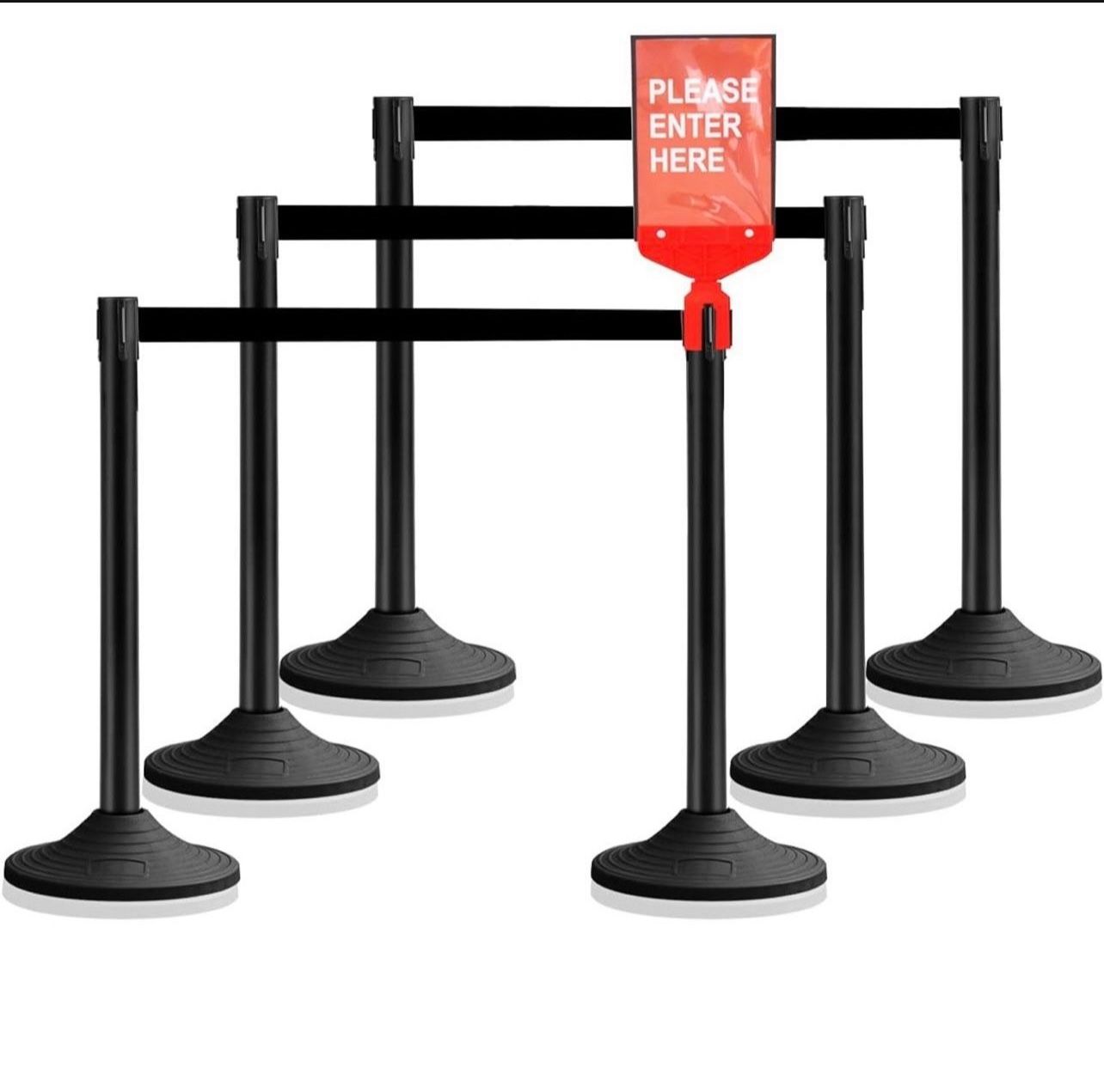 10 ft Crowd Control Stanchion Set, Crowd Control Barrier, Stanchions with Retractable Belts & Base, (6 Pack) (Black)