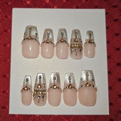 Press-On Nails | Long Coffin | Pale Blue Cateye Tip w/ Gold & Silver Bling (#6)