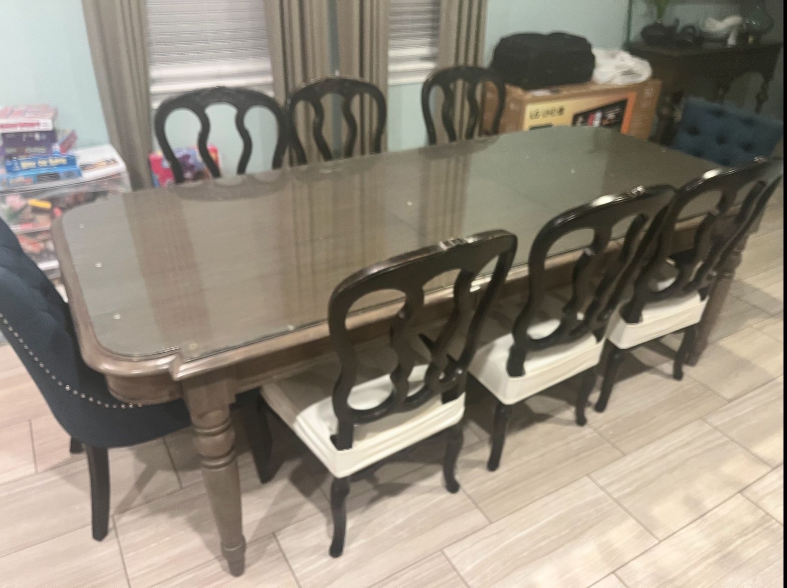 6-10 Person Wood Table With Custom Glass Top For Protection.
