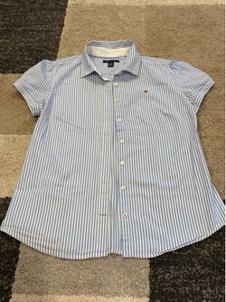 Tommy Hilfiger Light Blue Striped Summer Button Down Shirt Blouse Size Med