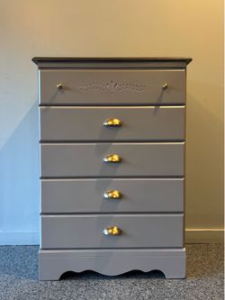 Beautiful Hand Painted Dresser, gray and black with brushed brass finishes