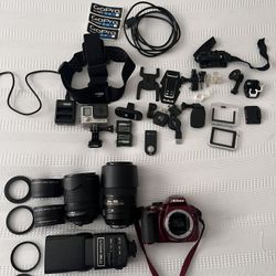 Nikon D3300 DSLR + 2 Lenses + Flash + GoPro HERO4 Kit + Accessories + Backpack (Fully Working)