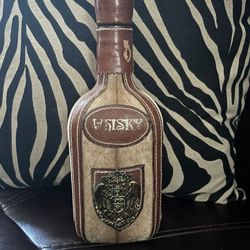 Leather And Calfskin Wrapped Green Glass Whiskey Decanter. 