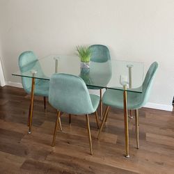 Blue Gold Modern Velvet Glass Dining Set 