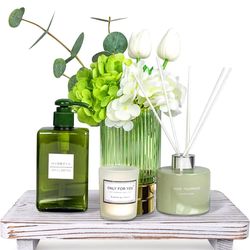 Bathroom Counter Tray Wood Pedestal Stand White Kitchen Countertop Trays Decorative Dish Soap Dispenser Holder for Bathroom Sink Accessories Wooden Ri