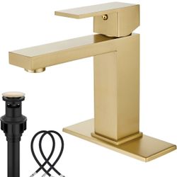 Gold Bathroom Faucet 1 Hole, Single Handle Bathroom Vanity Sink Faucet with Deck Plate & Metal Pop-Up Drain & Supply Lines, Gold Brushed Finish