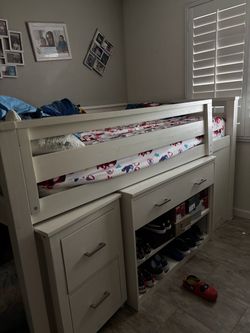 White Twin Loft Bed with Dresser and Shelves