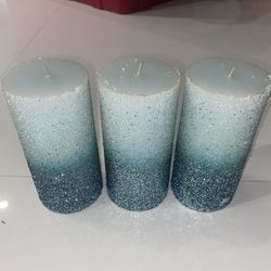 Set Of 3 Sparkly Blue Ombré Candles