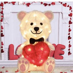 16 Inch Tinsel 3D Bear with Love Heart, Pre-Lit 35 LED Light up Decor Gift for Women Mom Wife Girls Valentine's Day Anniversary Birthday