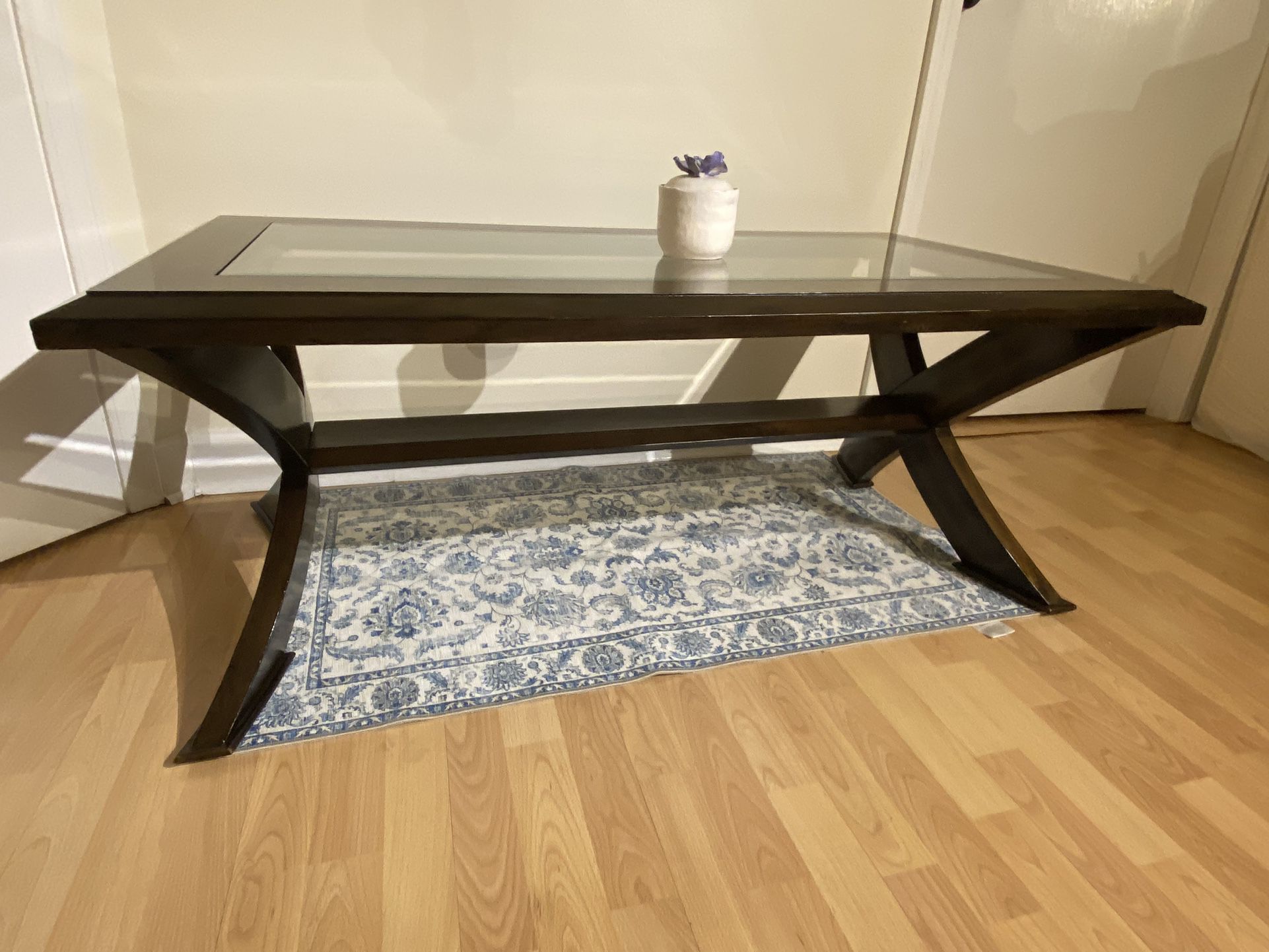 Solid Wood, Glass Topped Coffee Table With Storage Shelf Underneath