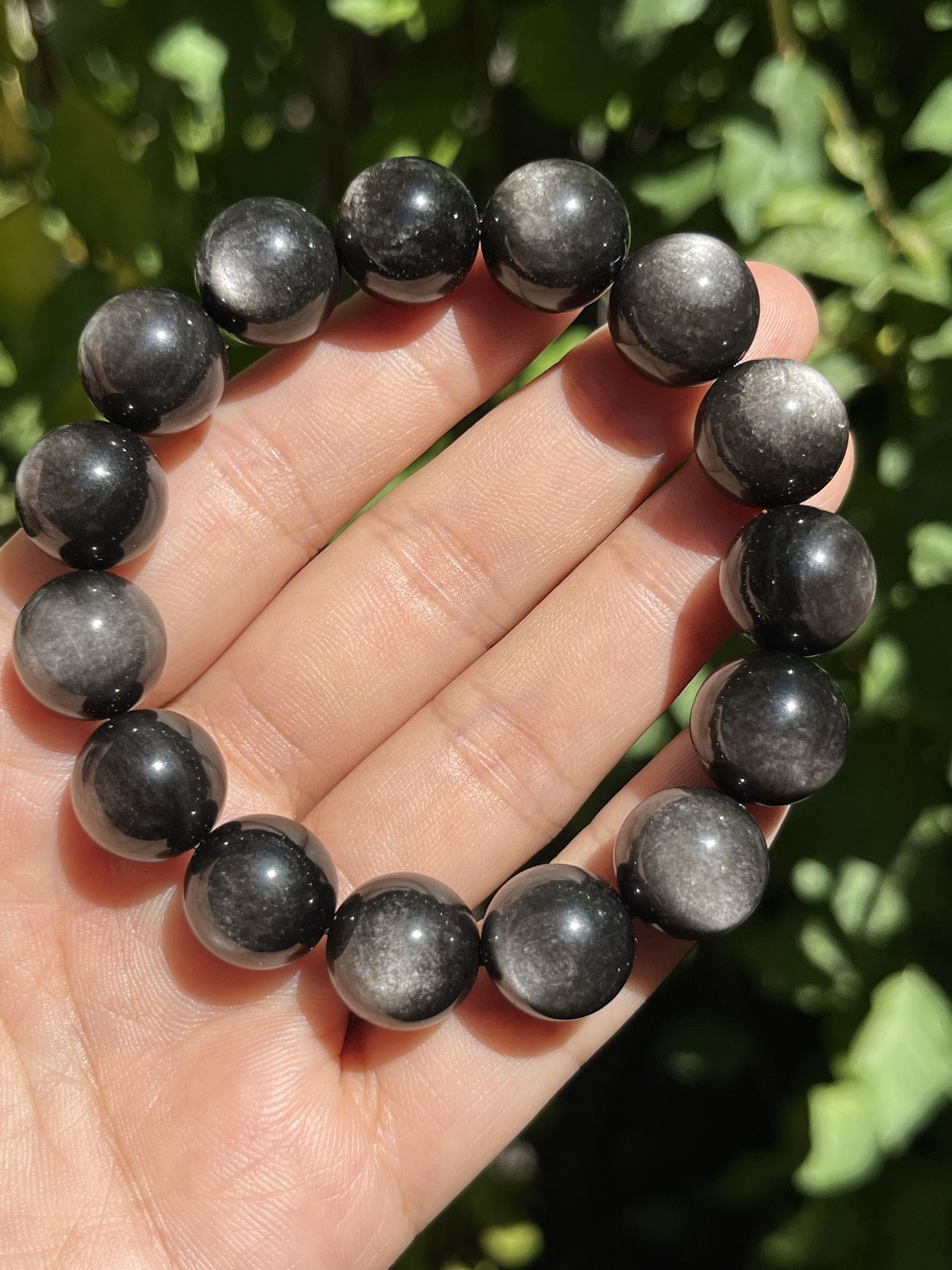 14mm High Quality Stretchable Silver Obsidian Bracelet