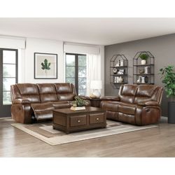 Brand New Brown Top Grain Leather Manual Reclining Sofa + Loveseat 2PCs Set