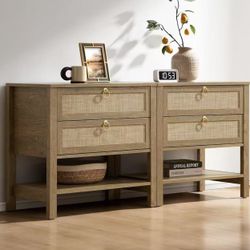ND005A2ELTY0765 New in box Night Stand Set of 2, Rattan Nightstand with Drawers and Storage Shelf - Boho Bedside Table Narrow Side Table for Bedroom, 