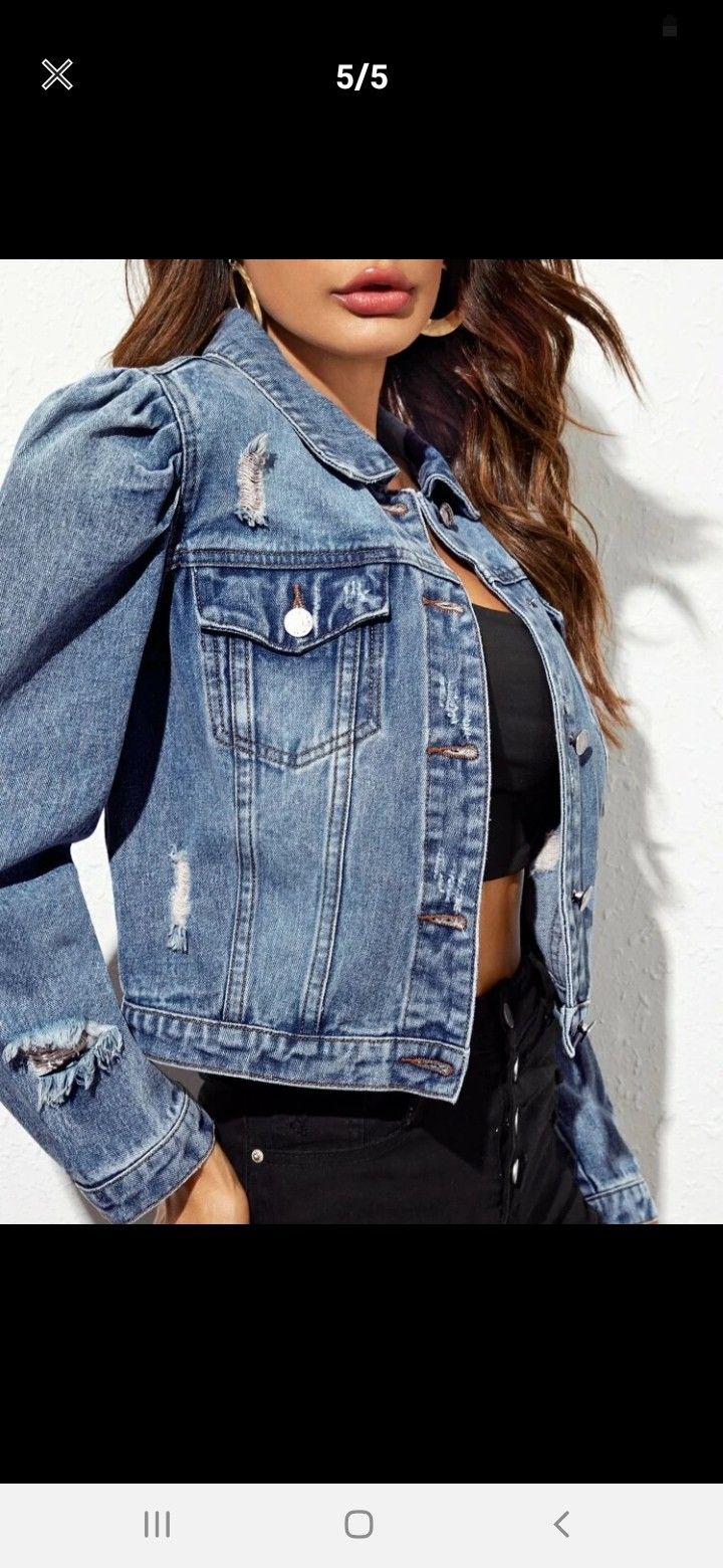 Denim Gathered Sleeves ripped cropped jacket π