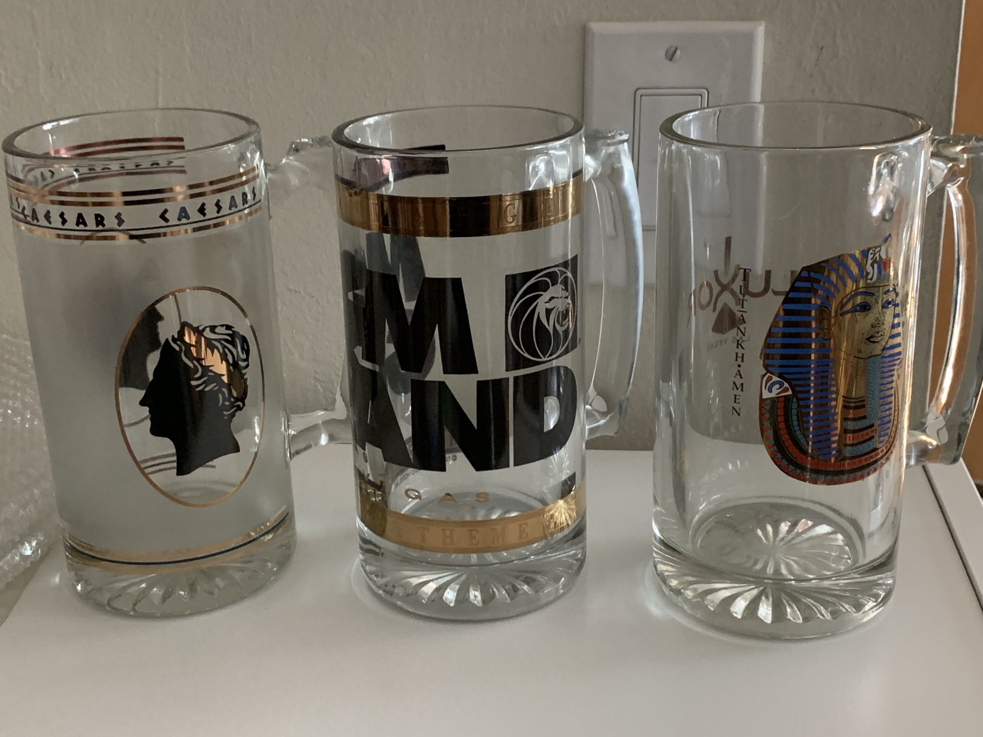 Las Vegas Casino Glass Mug Luxor Caesars MGM Grant. All are very heavy. New with tag. 7.5”hx3.5”w Set Of 3
