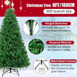 Christmas Tree, 6 FT Artificial Christmas Tree, Unlit Christmas Pine Tree Full with 800 Branch Tips, Foldable Base and Metal Hinges for Indoor Outdoor