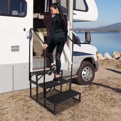 RV Steps w/Dual Handrails, 3-Step Spa Hot Tub Steps with Anti-Slip Pedals, 660lbs Load Capacity, Universal Portable Mobile Home Stairs Steps for 5th W
