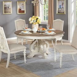 Brand New Rustic Antique White, Ivory 5pc Round Dining Table  Set