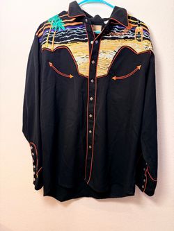 Scully Vintage Black Embroidered Western Snap Button Shirt