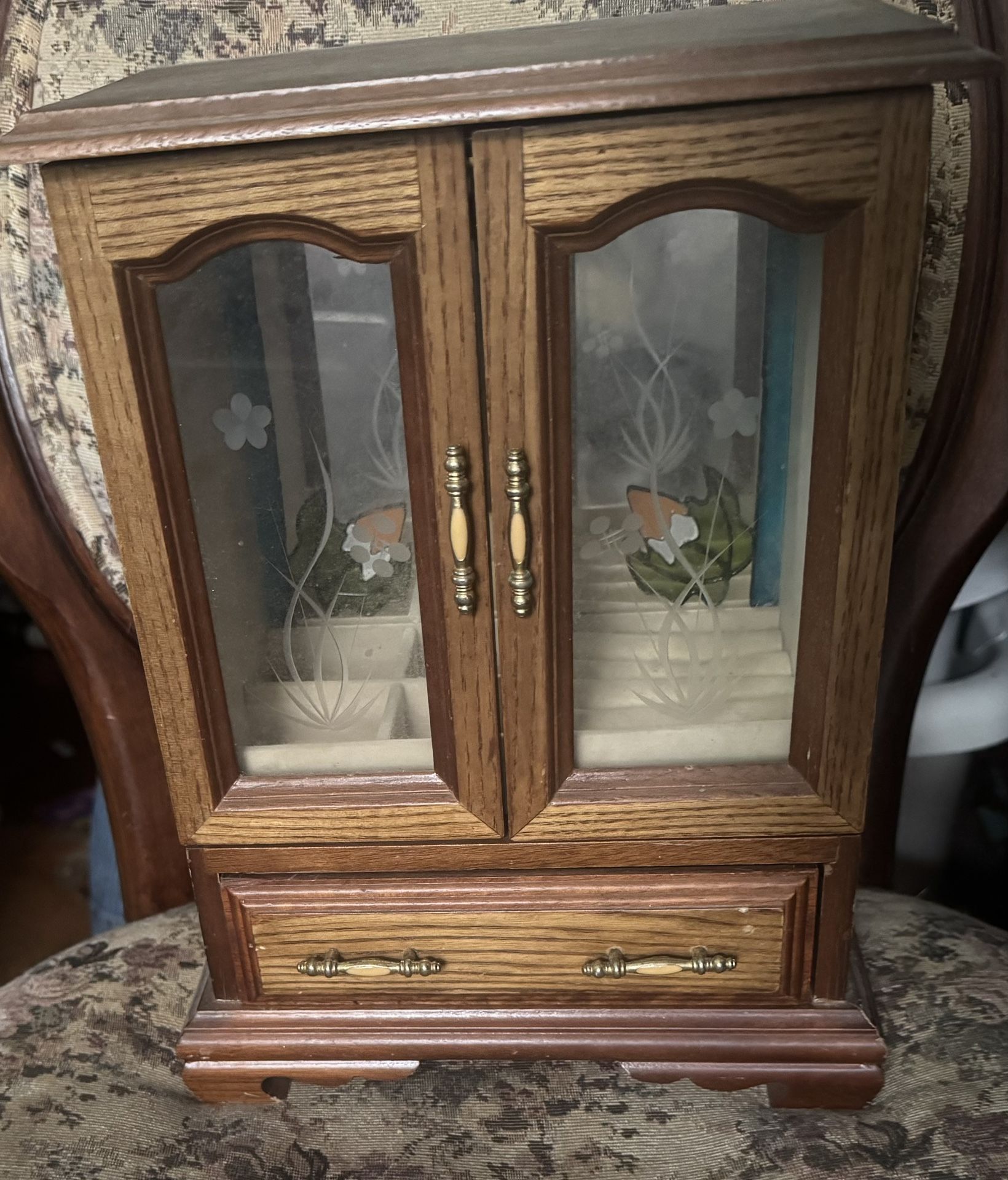 Vintage Armoire Cabinet Jewelry box with floral stained glass