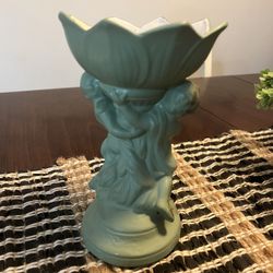 Vintage Green Porcelain Cherub Vase Approximately 9 Inches Tall Top Is Approximately 6 Inches Wide Bottom   4 Inches Circle 