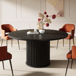 Alan 47 in. Round Black Engineered Wood Pedestal Dining Table Seats 4, Modern Dinner Kitchen Table with Fluted Base