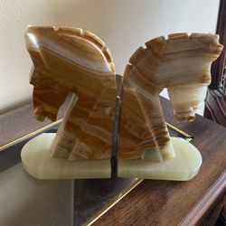 Vintage Trojan Horse Head Bookends Hand Carved Onyx Rock Marble Stone Book Ends