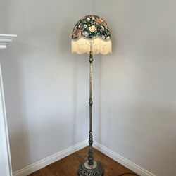 Antique Boudoir Tall Floor Lamp Brass Art Deco Marble Stand Floral Victorian Fringe Shade Vintage Collectible Rare 