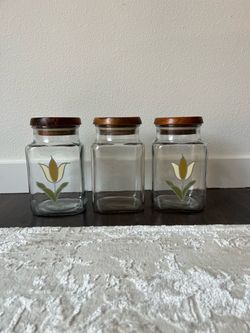 Set of 3 Glass Canisters with Wood Lids