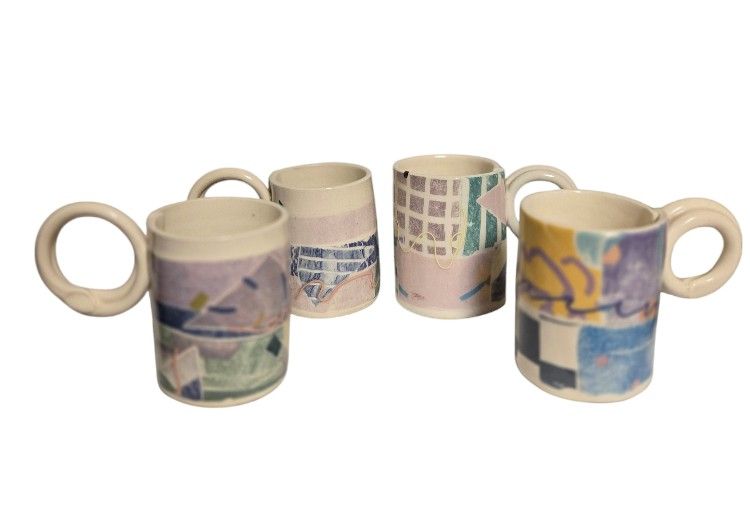 artisian crafted coffee tea mugs in pastel colors 80s like design set of 4