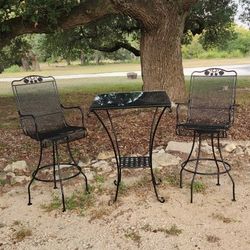 Wrought Iron Bars Stools And Table With Glass Top