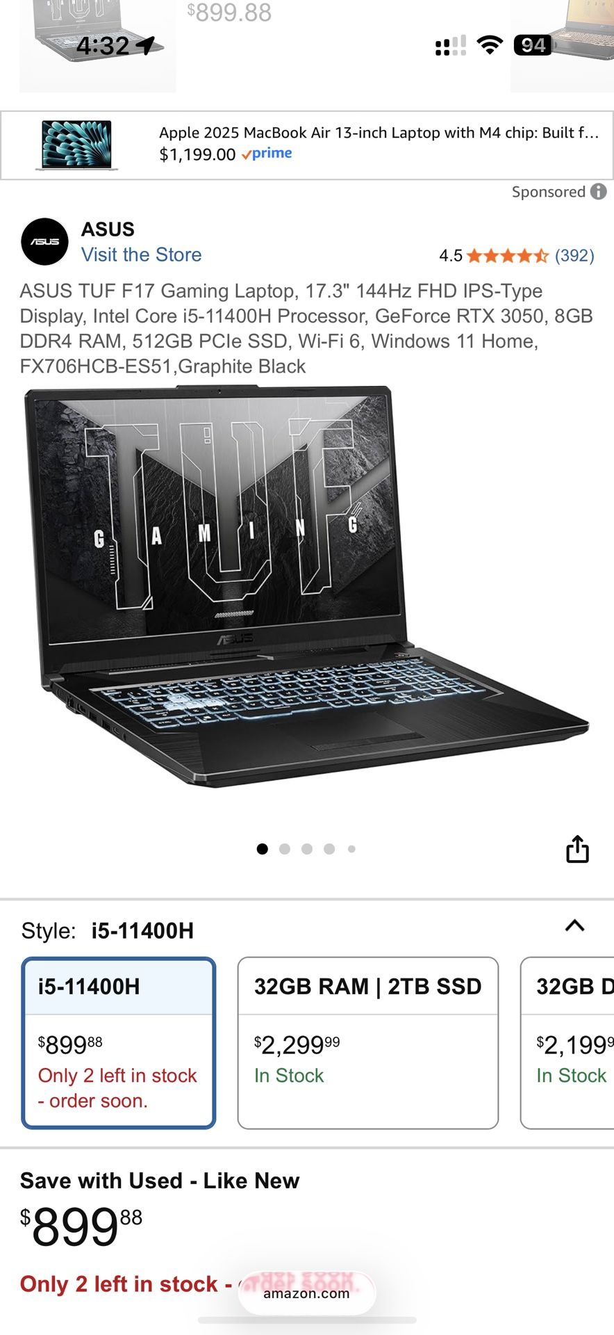 Price Drop $100 Only $400 Asus F17 Tuf Gaming Laptop 2021 Release Year