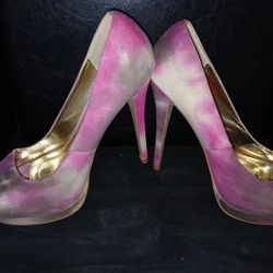 Size 10 Pink and Gray Peep Toe Heel