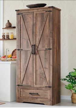 Farmhouse Kitchen Pantry Cabinet - 72" Tall Wood Kitchen Storage Cabinets with Adjustable Shelves & 2 Barn Doors