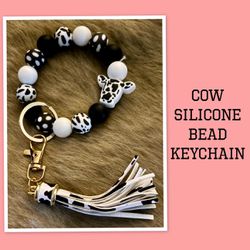 Silicone Beaded Keychain Bracelet, Cow Print Fashion Beaded Keyring
