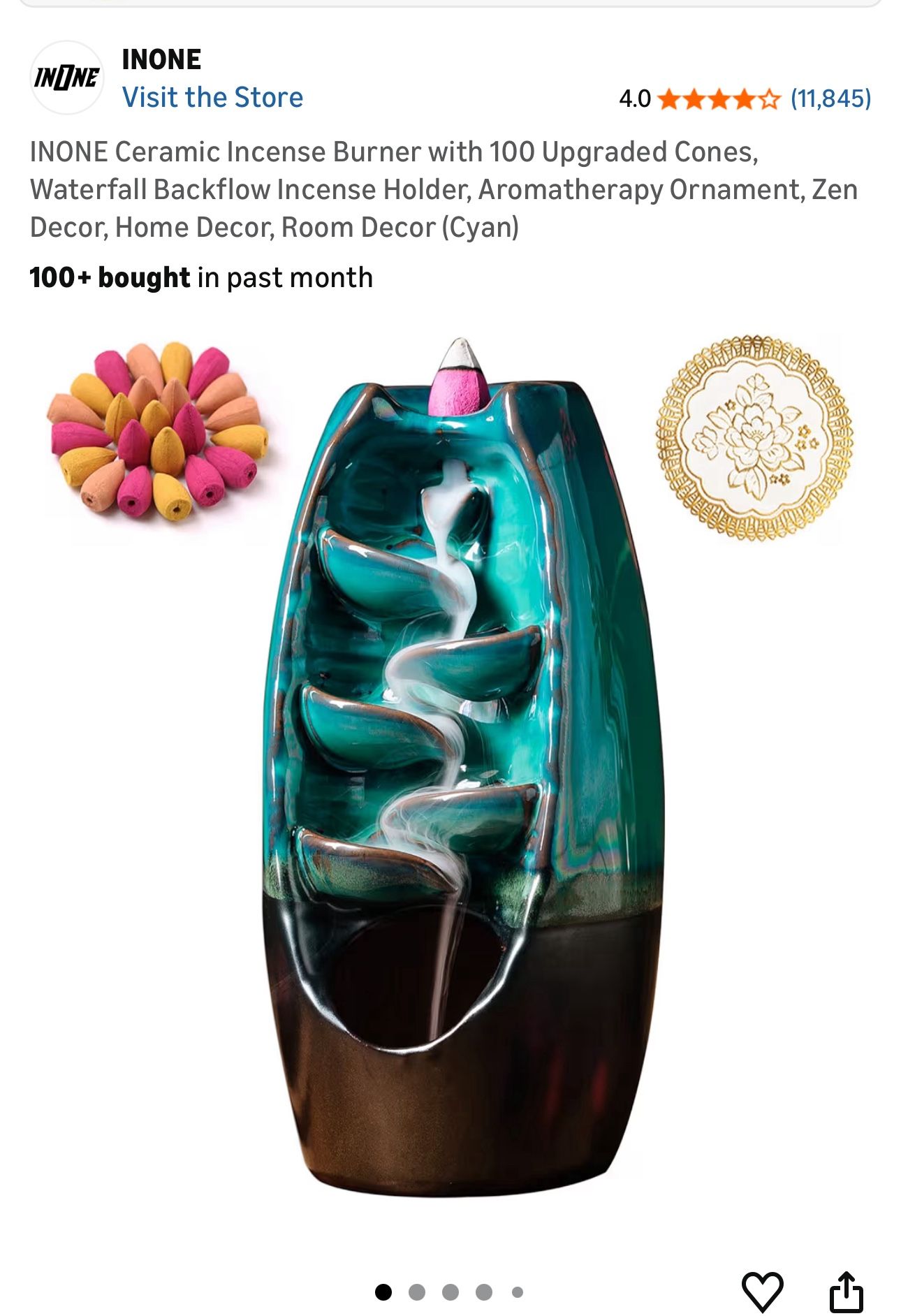 $10-INONE Green Ceramic Incense Burner with 100 Upgraded Cones, Waterfall Backflow Incense Holder, Aromatherapy Ornament, Zen Decor, Home Decor