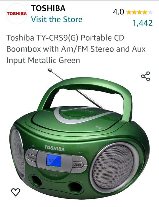 Toshiba TY-CRS9(G) Portable CD Boombox with Am/FM Stereo and Aux Input Metallic Green